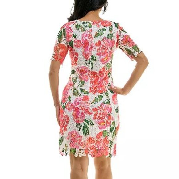 **Nina Leonard** Elbow Sleeve Floral Print Lace Sheath Dress Large - Picture 2 of 7